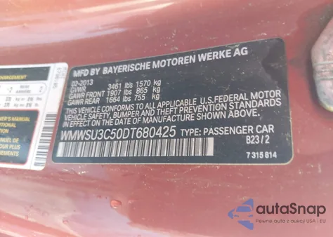 2013 Mini Hardtop Cooper z USA, uszkodzony, nr VIN WMWSU3C50DT680425